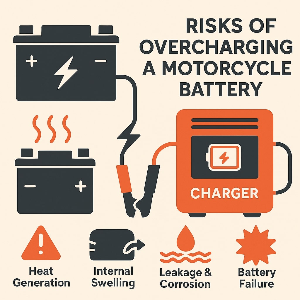 Flat-style infographic showing battery overcharging risks: heat, internal swelling, leakage, and battery failure connected to a charger.
