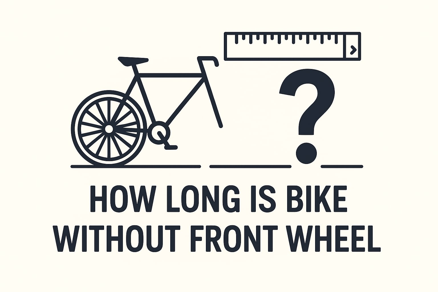 Minimalist vector image of a bicycle missing its front wheel with a large question mark and measuring scale above it, reflecting the theme "How Long Is Bike Without Front Wheel?