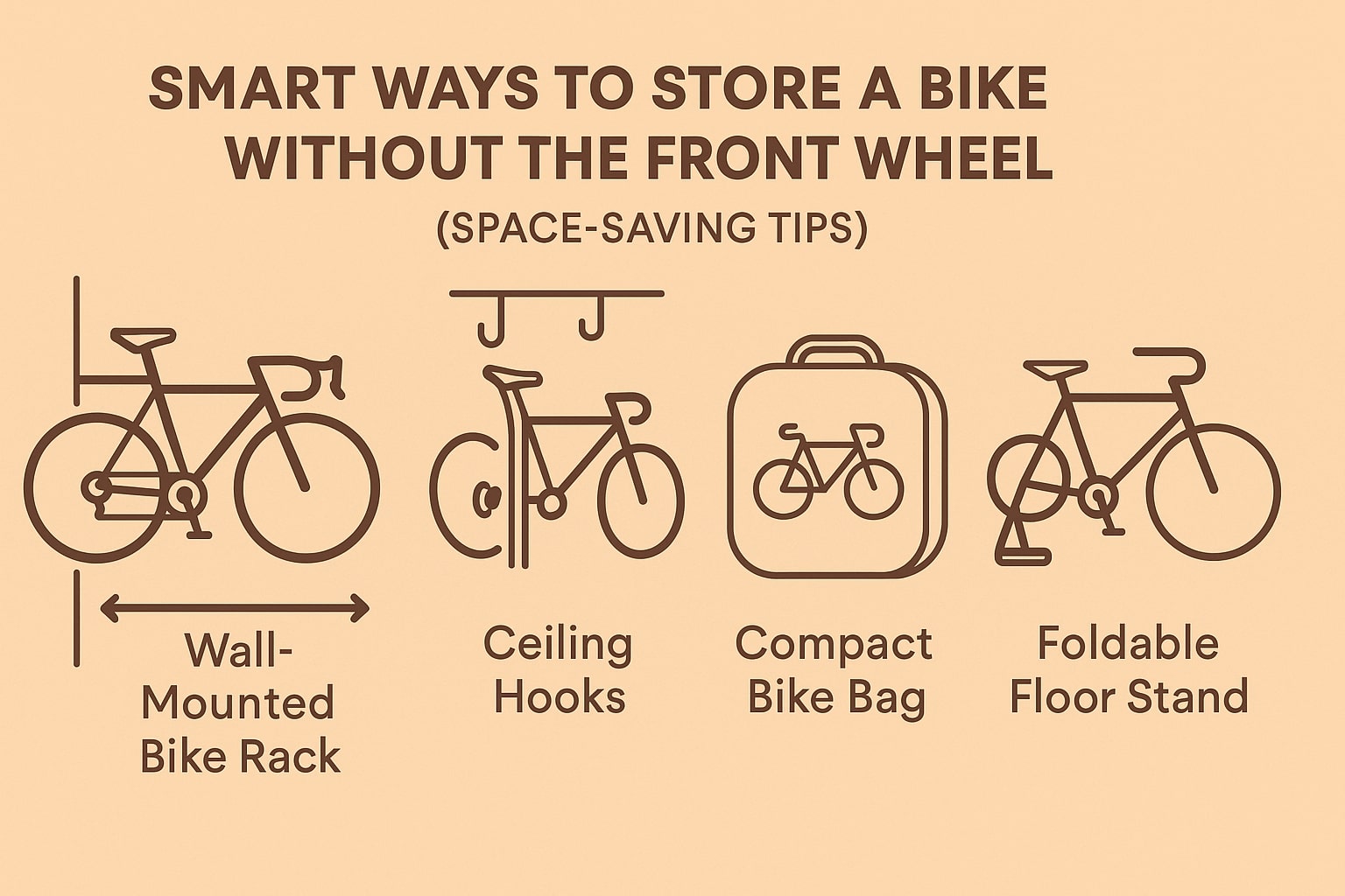 Flat-style illustration showing four space-saving ways to store a bike without the front wheel: wall rack, ceiling hooks, compact bag, and foldable stand on a beige-orange background.
