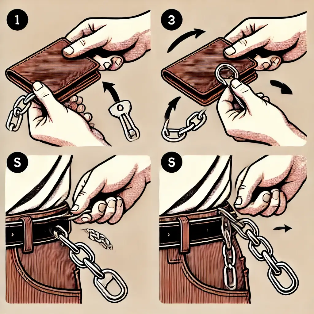A step-by-step visual guide showing hands attaching a biker chain wallet to a belt loop. The process includes hooking the chain to the wallet and securing the other end to the belt. The wallet is positioned at the side for comfort and accessibility.