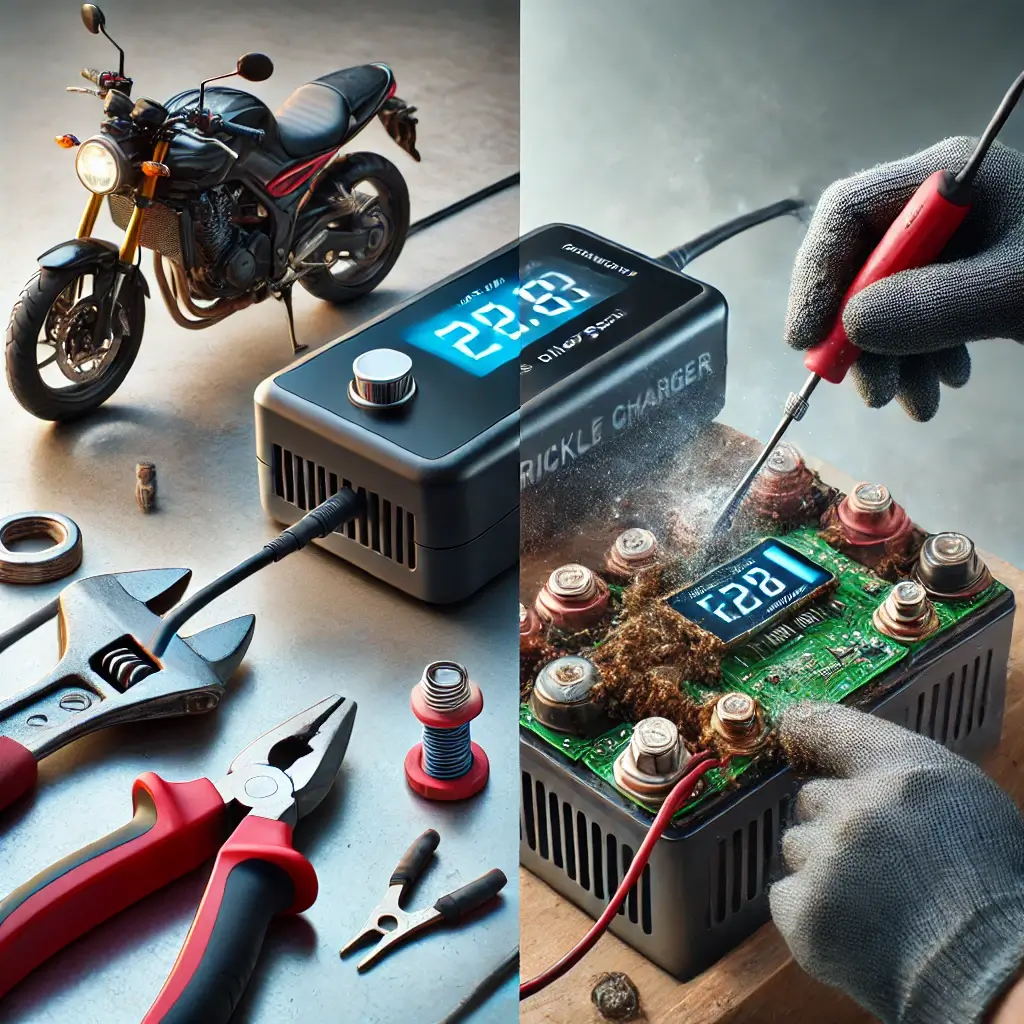 Split-screen image showing a trickle charger, a smart charger indicating 'Fully Charged,' and a corroded battery terminal being cleaned.