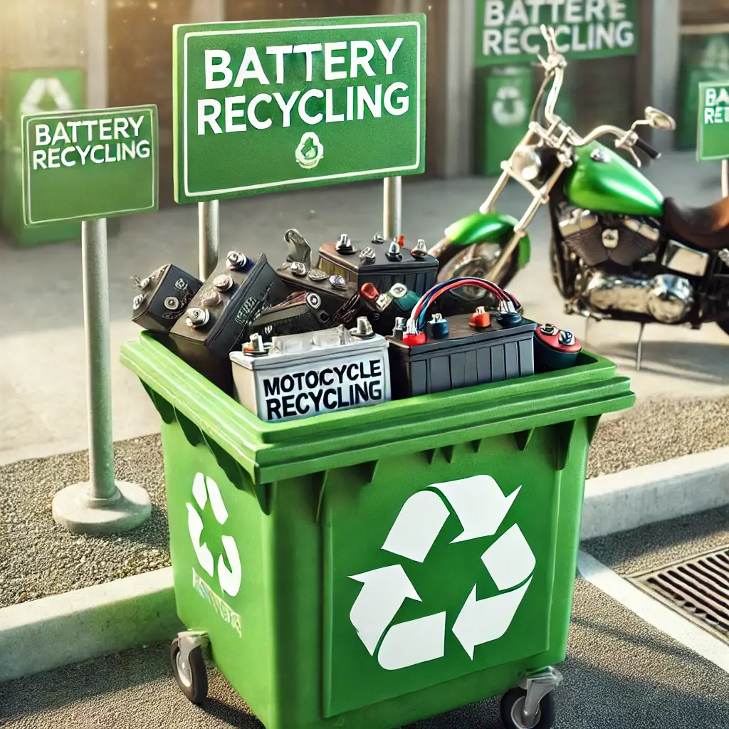 Battery recycling bin with old motorcycle batteries ready for safe disposal.