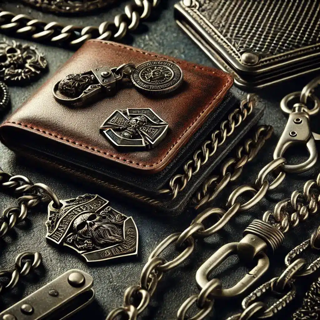 A close-up of biker chain wallet materials, featuring durable stainless steel chains and lightweight leather straps. The display includes engraved charms and custom designs on a dark textured surface, highlighting rugged textures and intricate details.