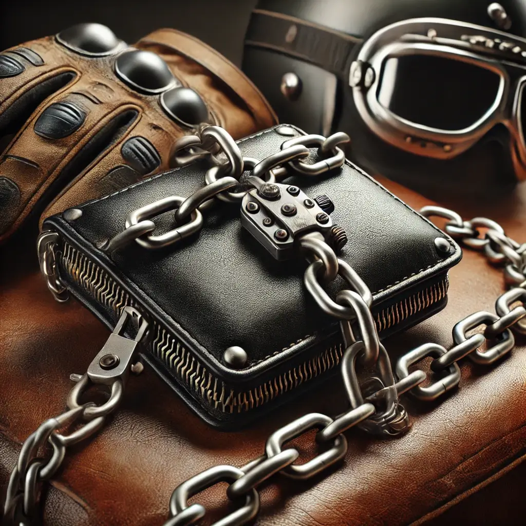 A biker chain wallet on a rugged leather surface, with a biker helmet and gloves in the background. The chain reflects metallic shine under focused lighting, highlighting its durability and bold biker style.