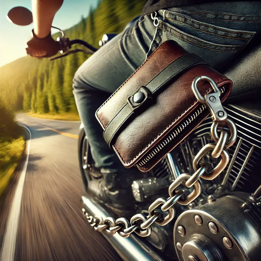 A biker riding a motorcycle on a scenic windy road, with a wallet securely attached to their belt loop using a biker chain. The chain shines in the sunlight, highlighting its practicality. The background shows blurred trees and an open road, conveying motion and adventure.