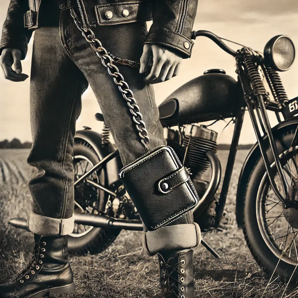 A vintage black-and-white photo of an old-school biker in a rugged leather jacket, wearing a chain wallet next to a classic motorcycle. The scene is set on an open field with a retro road in the background, evoking a 1950s biker vibe.