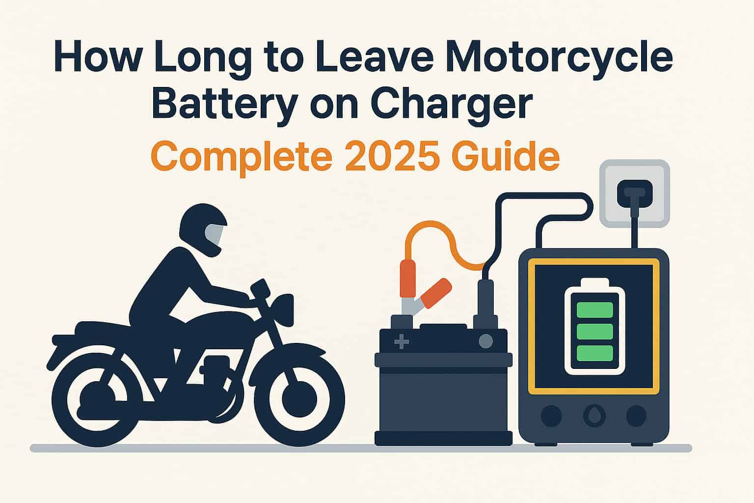 Flat design illustration showing a motorcycle, battery, and charger with the title “How Long to Leave Motorcycle Battery on Charger: Complete 2025 Guide