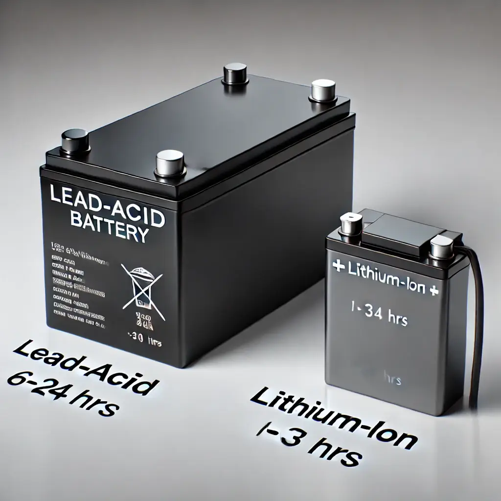 Comparison of lead-acid and lithium-ion batteries with charging times.