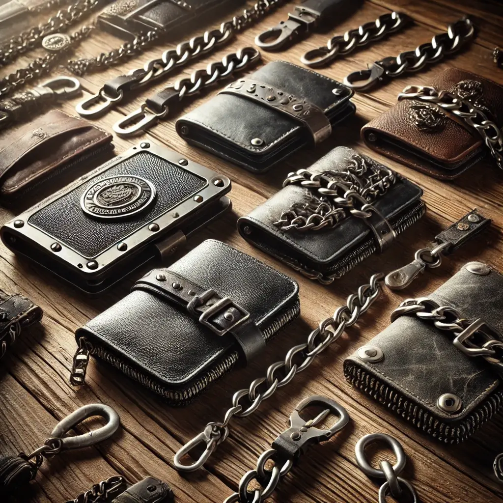 A display of modern biker chain wallets on a rustic wooden table, featuring steel chains, leather straps, and hybrid designs. Some wallets have engravings or charms, showcasing durability and style with diverse options for bikers.