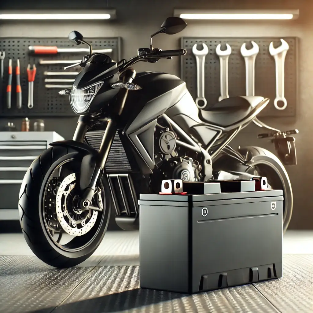 Modern motorcycle parked in a garage with battery compartment open, showcasing a clean motorcycle battery and tools in the background.