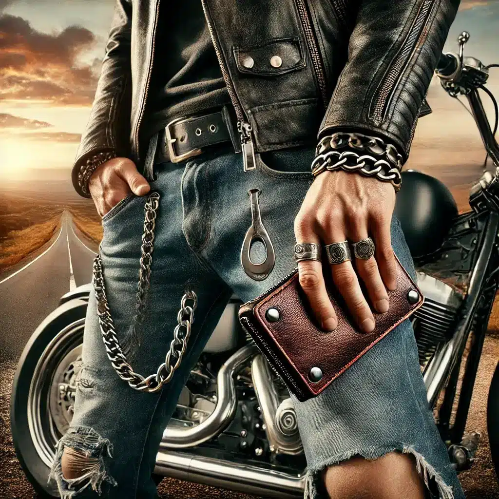 A rugged biker posing next to their motorcycle, wearing a leather jacket, ripped jeans, and a bold chain wallet. The wallet chain is prominently displayed, with a scenic open road and sunset in the background, reflecting freedom and adventure.
