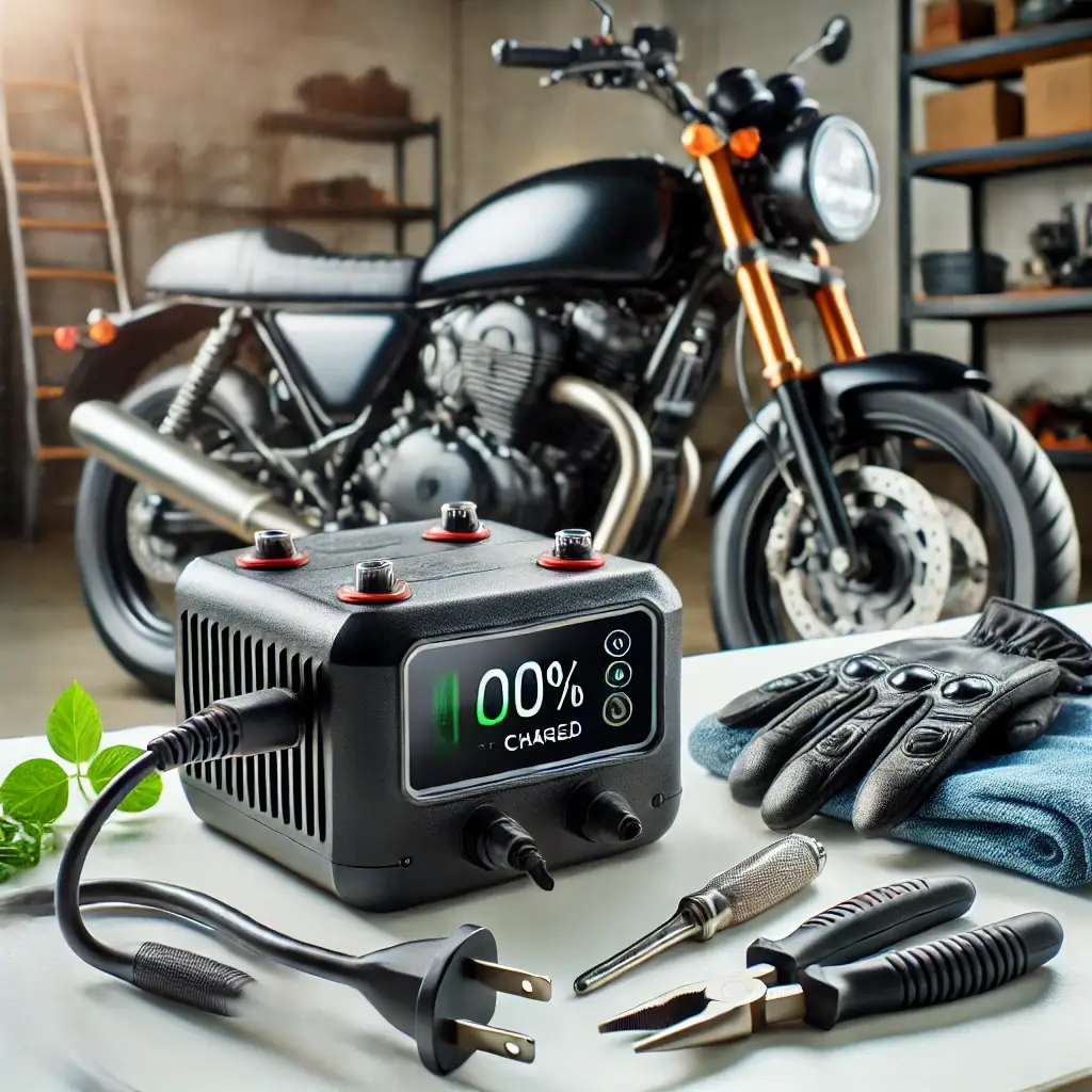 Trickle charger and tools used for charging a motorcycle battery efficiently.