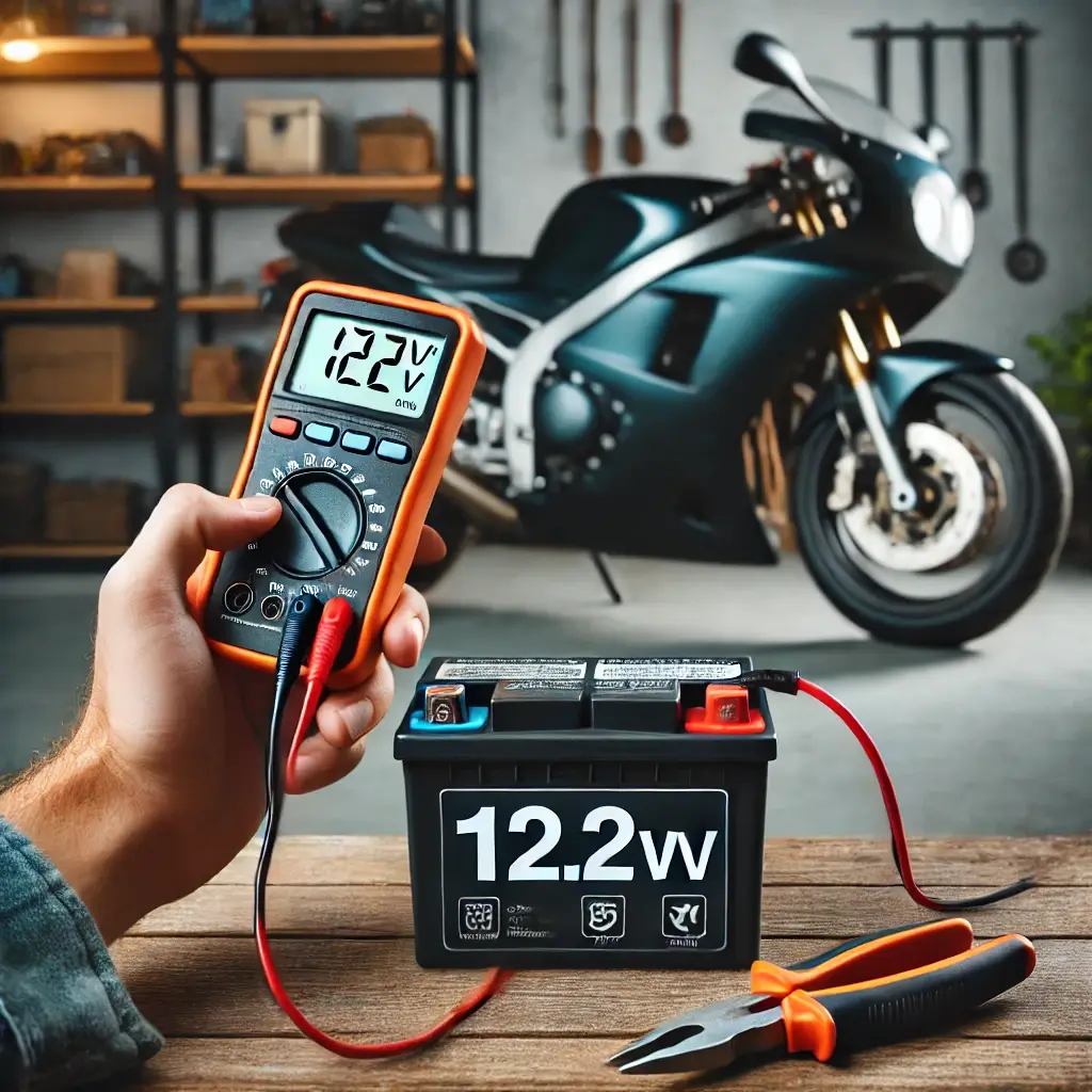 Person testing a motorcycle battery using a multimeter with a reading of 12.8V in a clean garage workspace.