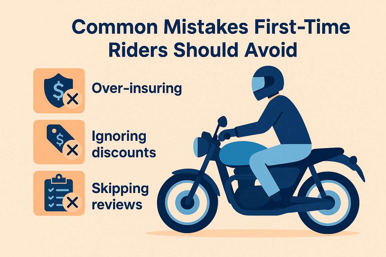 Flat digital illustration showing a rider on a motorcycle next to icons representing common insurance mistakes like over-insuring, ignoring discounts, and skipping policy reviews.