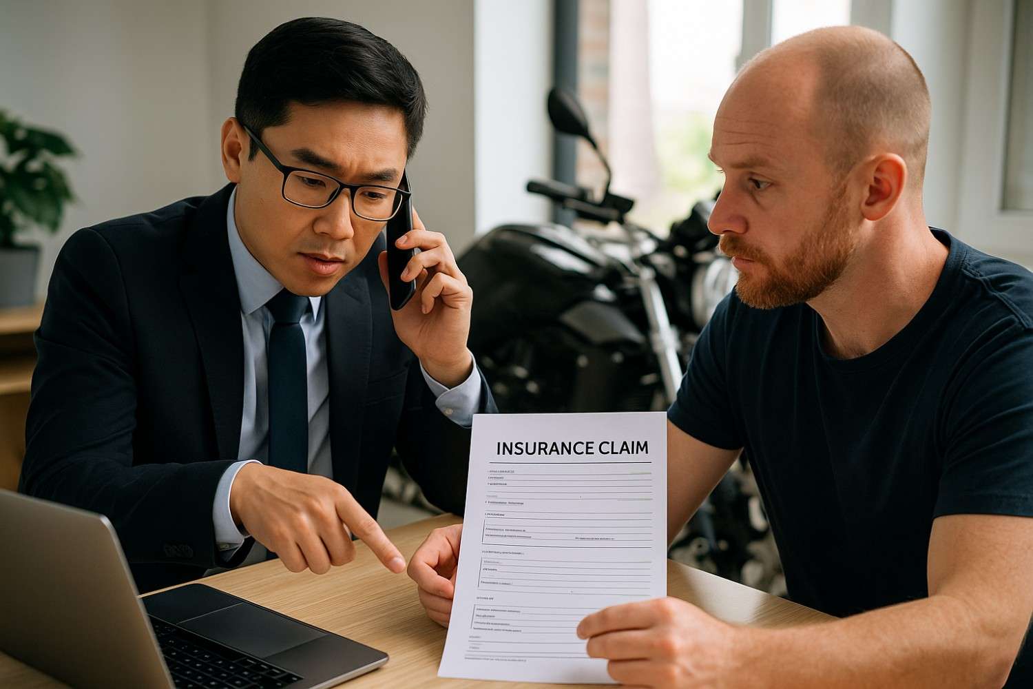 Insurance agent helping a motorcycle rider with an insurance claim form