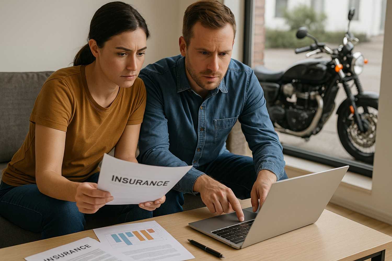 Couple reviewing motorcycle insurance documents with bike in the background