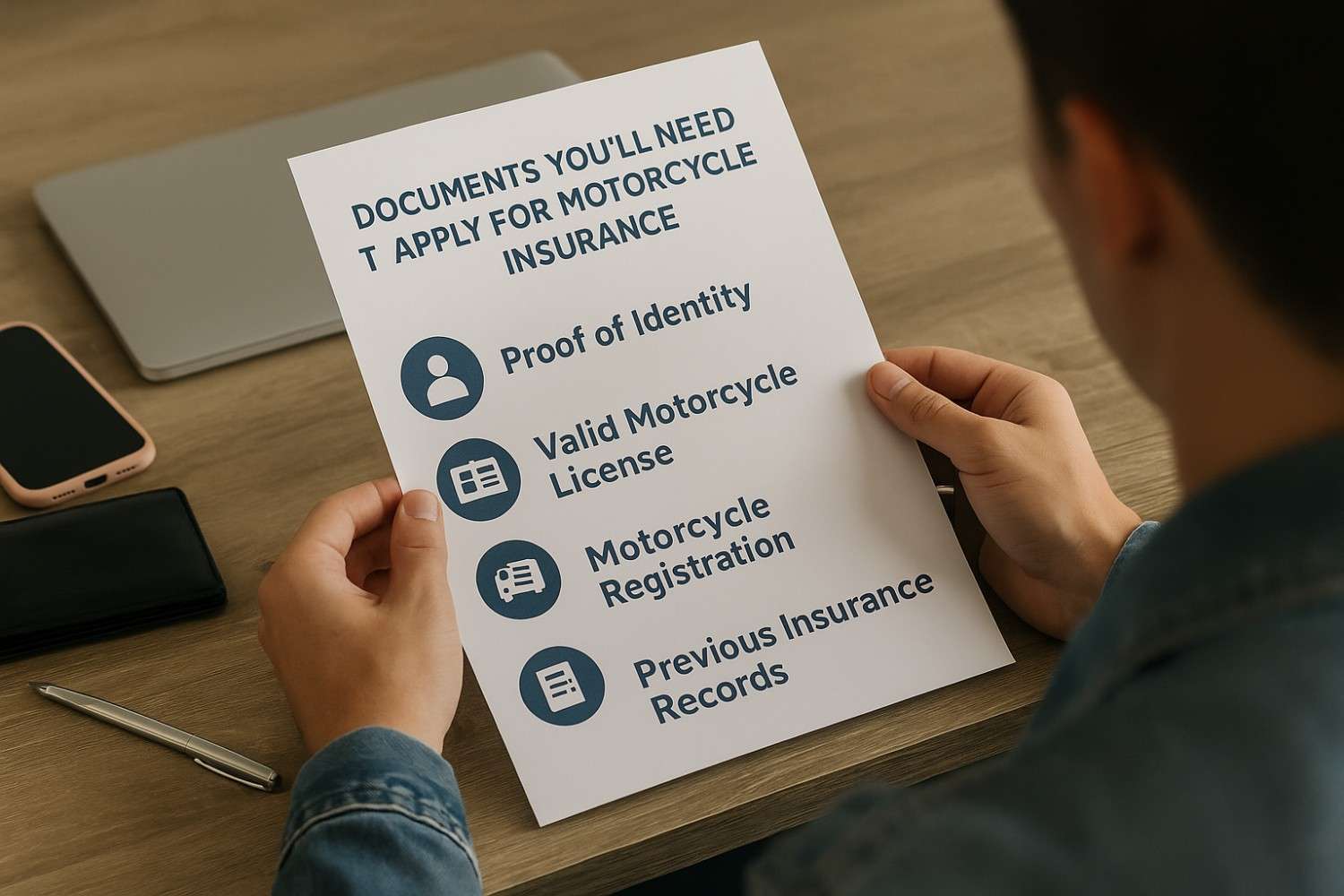 Person holding a motorcycle insurance document checklist including ID, license, registration, and insurance history