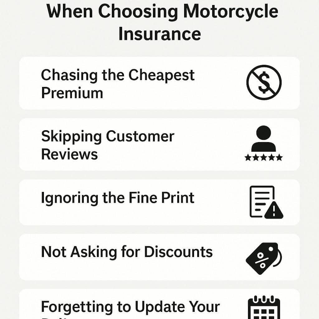 List-style infographic showing 5 mistakes to avoid when selecting motorcycle insurance