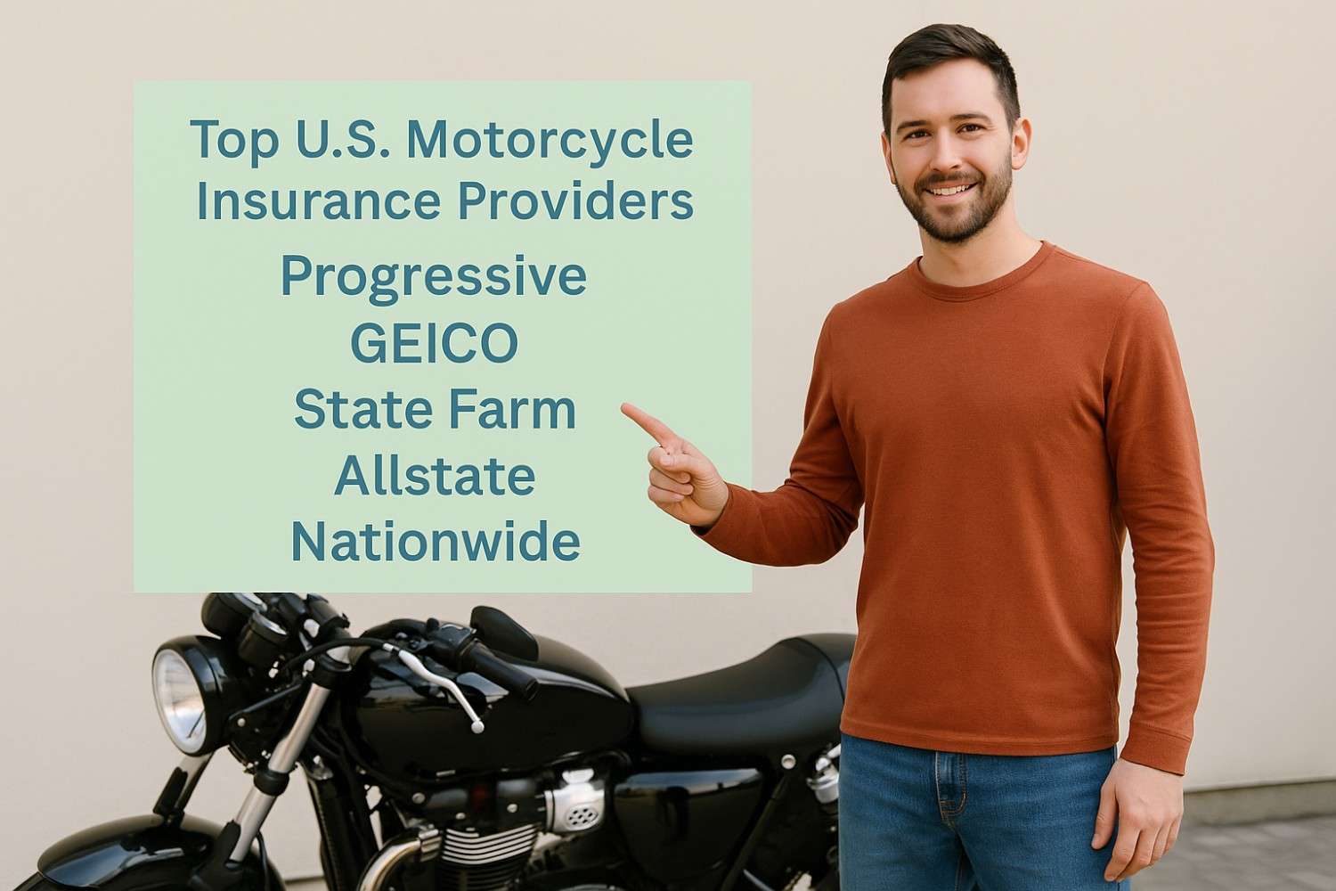 Man pointing at a list of top U.S. motorcycle insurance providers beside a new black motorcycle