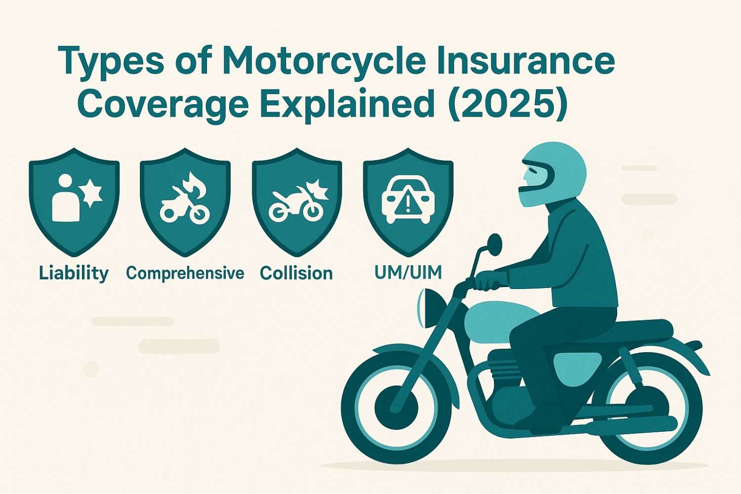 Flat-style vector showing four insurance coverage icons — liability, comprehensive, collision, and UM/UIM — with a rider beside them, reflecting 2025 motorcycle insurance options.